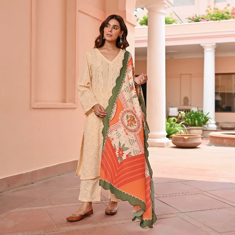 Cream Cotton Schiffli Suit Set