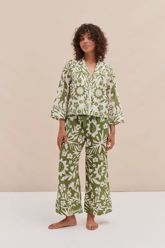 Boxy Shirt and Wide Leg Trouser Set Fabelei Print Green and Cream