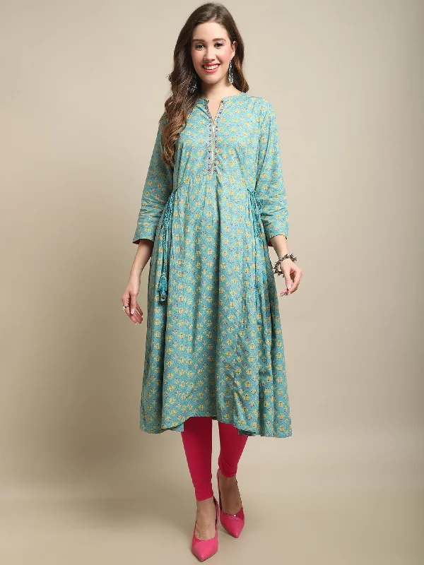 Women's Casual Band Collar Turq All over Printed Calf length Kurti