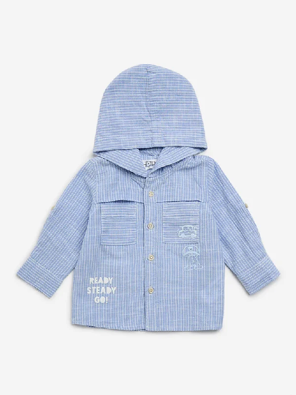 HOP Baby Blue Stripe Printed Hooded Cotton Shirt