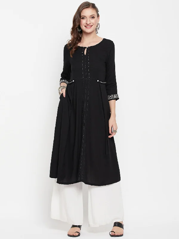 Women's Round Neck with Keyhole Black Embroidered Calf Length Kurti