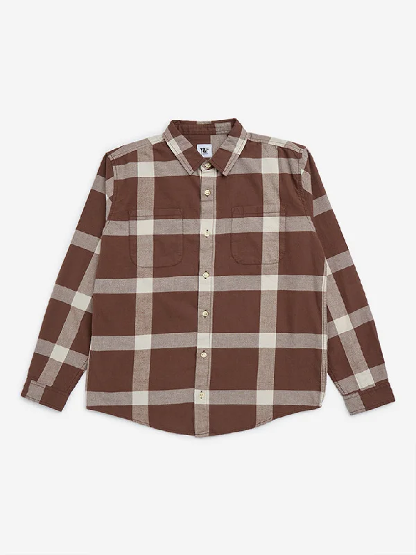 Y&F Kids Brown Checks Printed Cotton Shirt