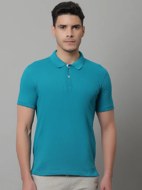 Men Turquoise Casual Half Sleeves Polo Neck T-Shirt