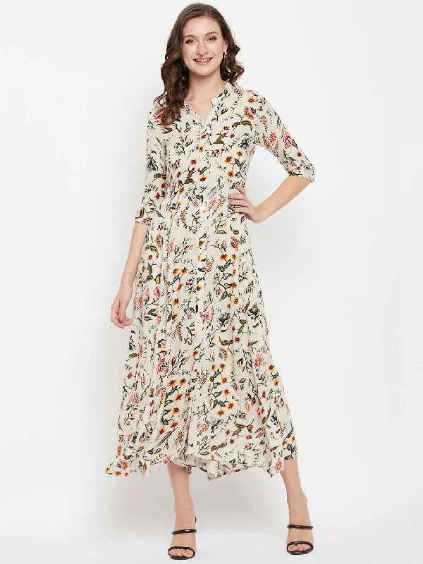 Women's Casual Mandarin collar Beige Floral Print Fit & Flared Dress