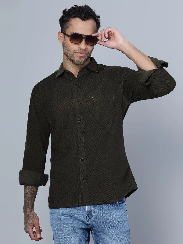 Men's Olive Green Casual Corduroy Full Sleeve Shirt