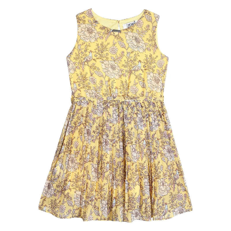 Girls Yellow Floral Printed Sleeveless Dress