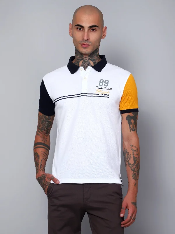 Men White Solid Half Sleeves Polo Neck Casual T-Shirt