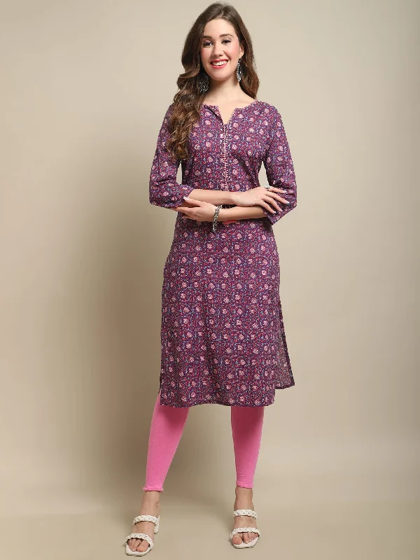 Women's Casual Round neck Purple All over Printed Knee length Kurti