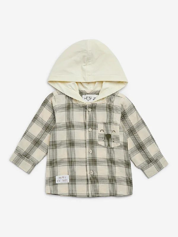 HOP Baby Olive Checks Printed Cotton Hooded Shirt