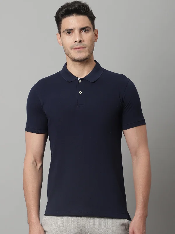 Men Navy Blue Casual Half Sleeves Polo Neck T-Shirt