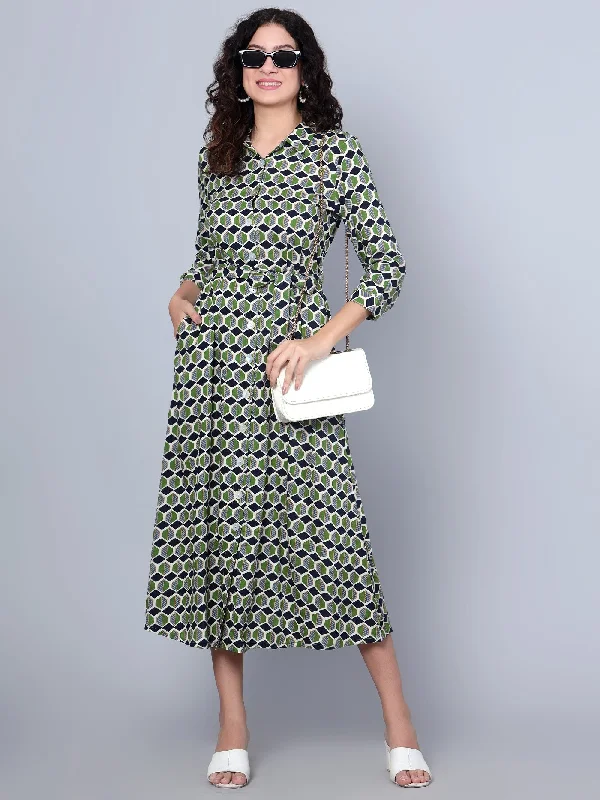 Women's Casual Shirt collar Green Geometric Print Shirt Dress