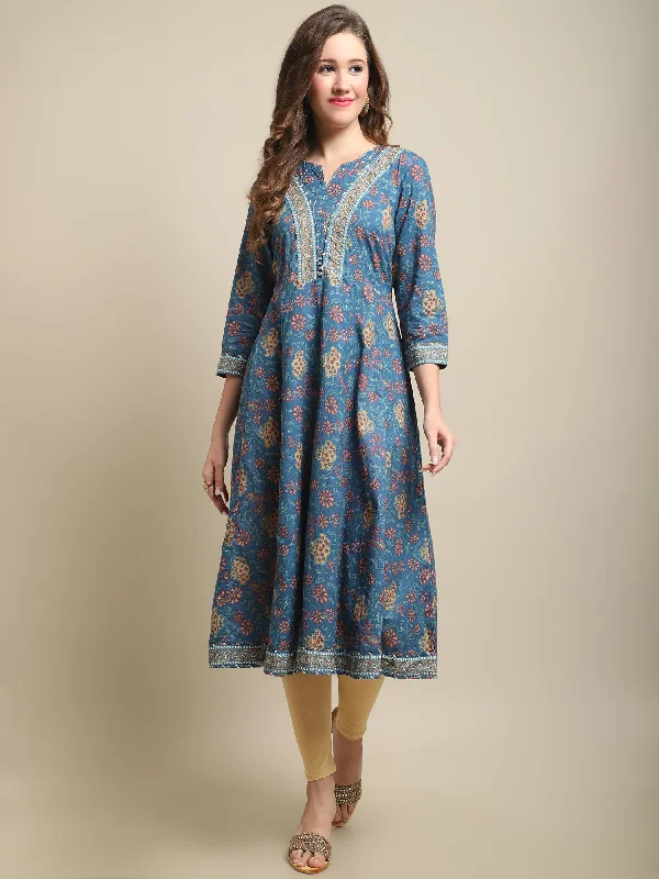 Women's Casual Round Neck Multi Color All Over Printed Calf Length Kurti