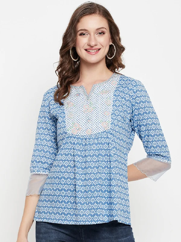 Women's Casual  Blue Geometric Print Round neck Tunic