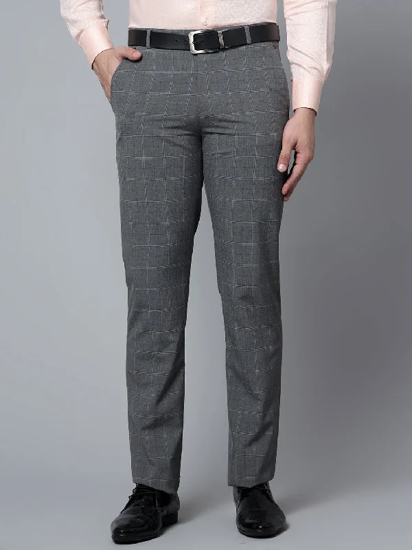 Men's Formal Flat front Grey Checks Trousers