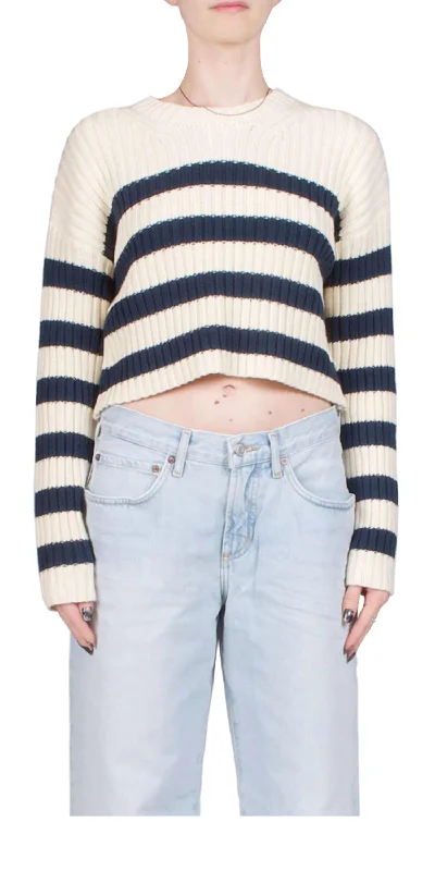 Striped Ribbed Cropped Sweater In Ecru W/ Navy