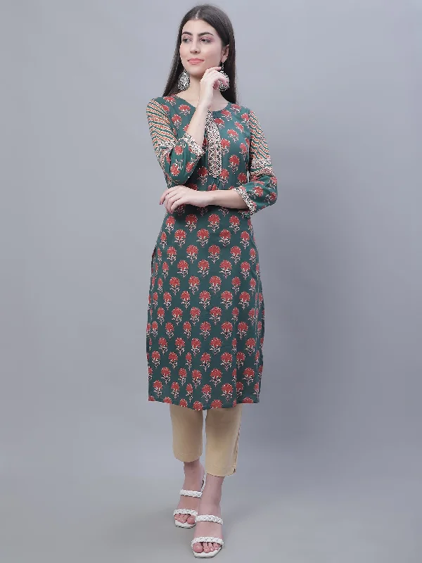 Women's Casual Round Neck Green All Over Printed Knee Length Kurti