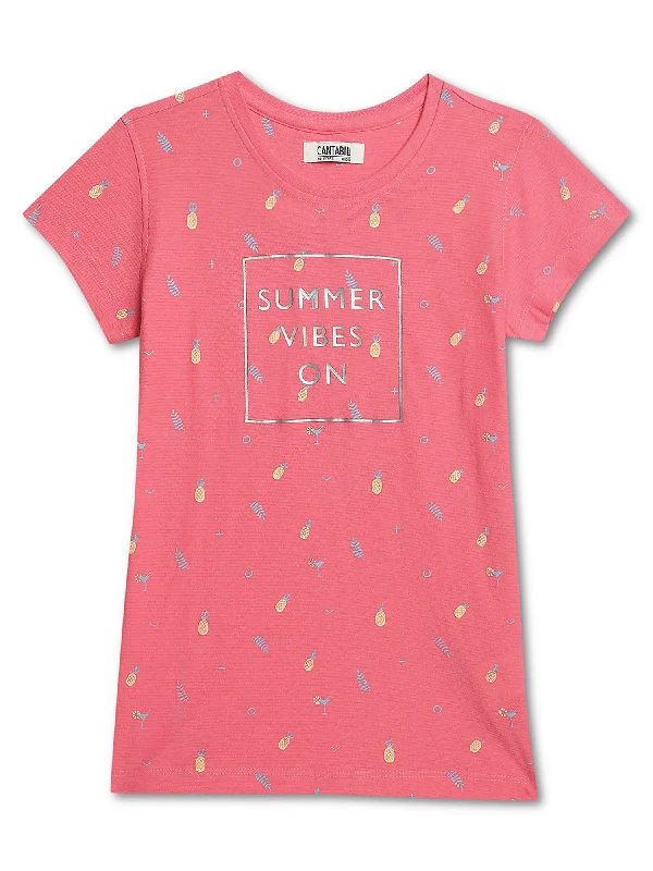 Girls Pink Round Neck Printed T-Shirt