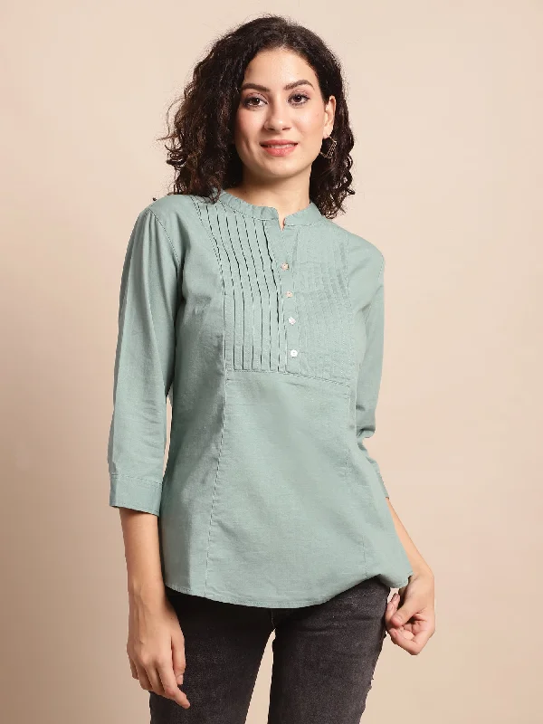 Women's Casual  Aqua Green Solid Mandarin Collar Tunic