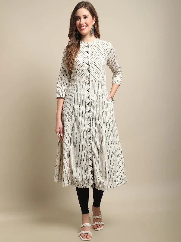 Women's Casual Band Collar Offwhite All over Printed Calf length Kurti