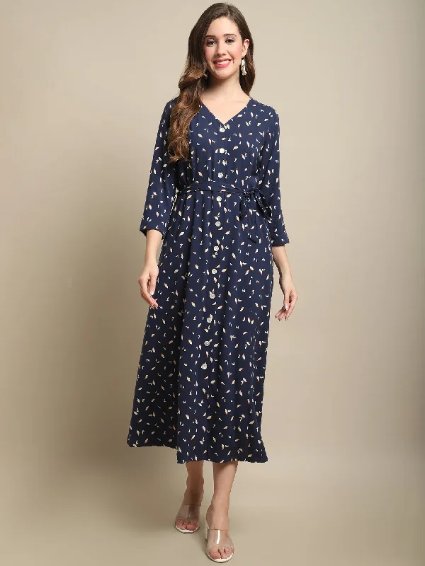 Women's Casual V neck Navy Ditsy Floral Print Fit & Flared Dress