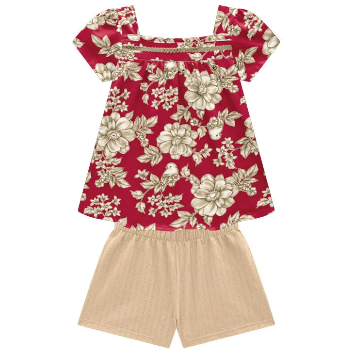 2 Piece Girls S/S Flower Top & Shorts