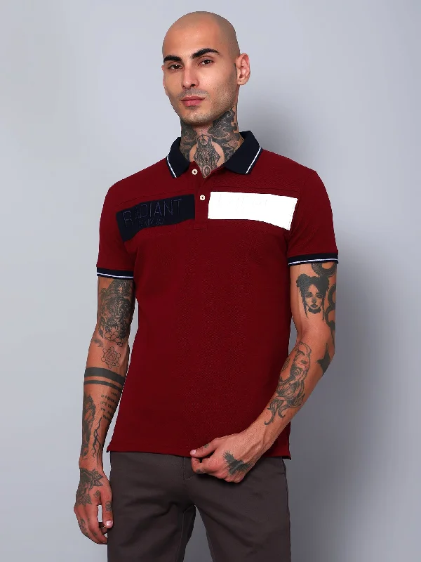 Men Maroon Color Block Half Sleeves Polo Neck Casual T-Shirt