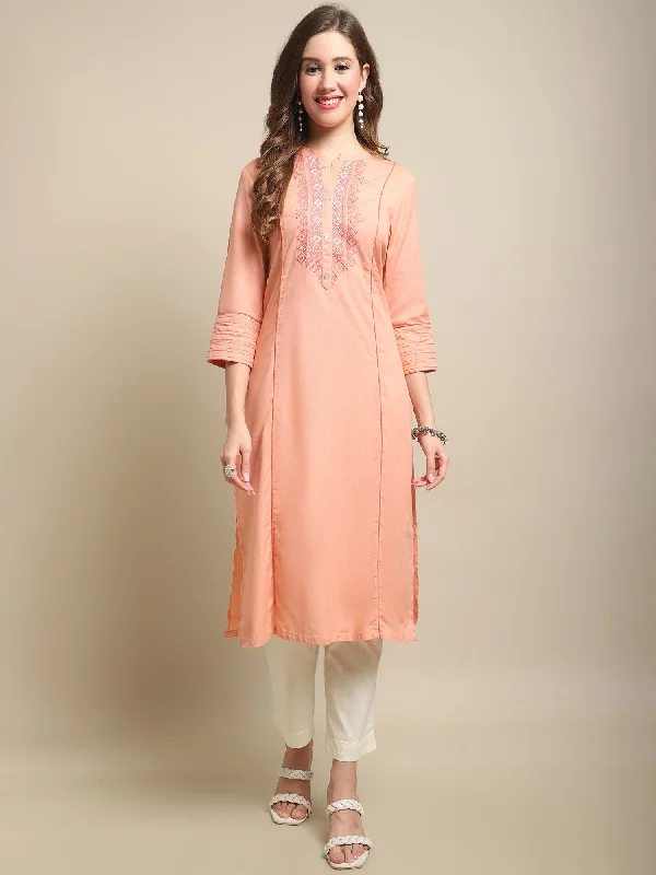 Women's  Band Collar Peach Embroidered Knee length Kurti