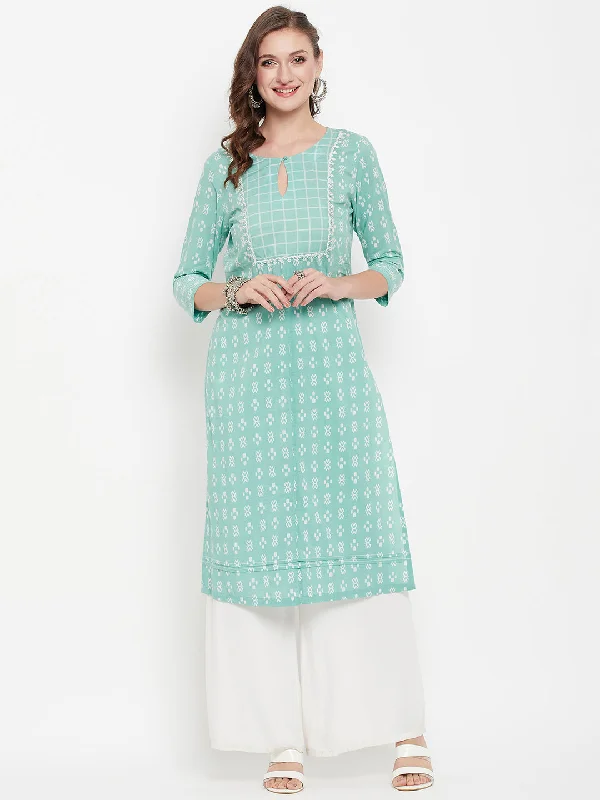 Women's Casual Round Neck with Keyhole Mintgreen Printed & Embroidered Calf Length Kurti