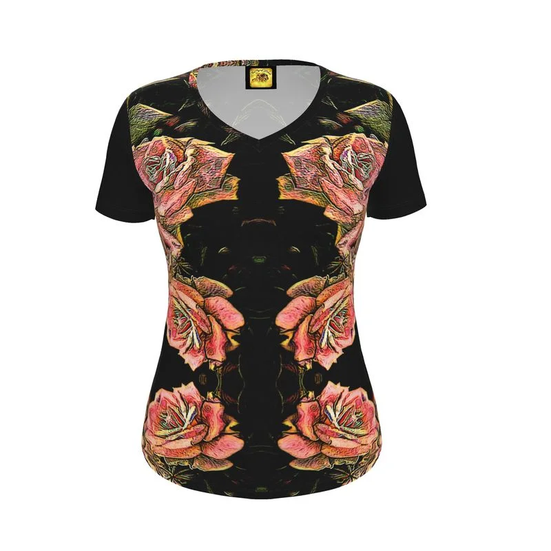 Floral Embosses: Roses 06-01 Ladies Designer V-neck Slim Fit Jersey T-shirt