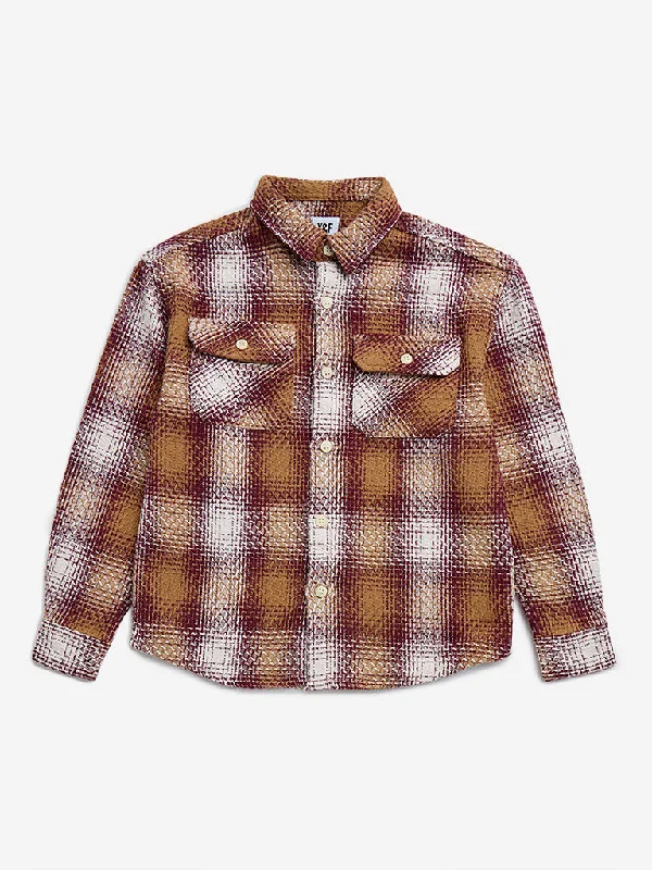 Y&F Kids Brown Checks Knit-Textured Shirt