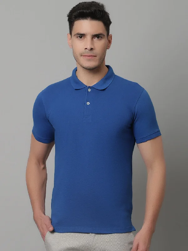 Men Royal Blue Casual Half Sleeves Polo Neck T-Shirt