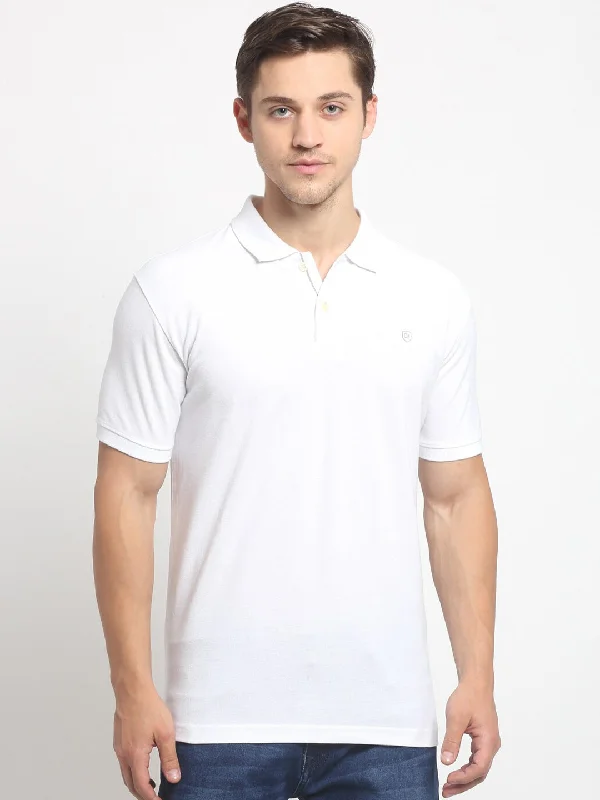 Men White Casual Polo Neck T-Shirt