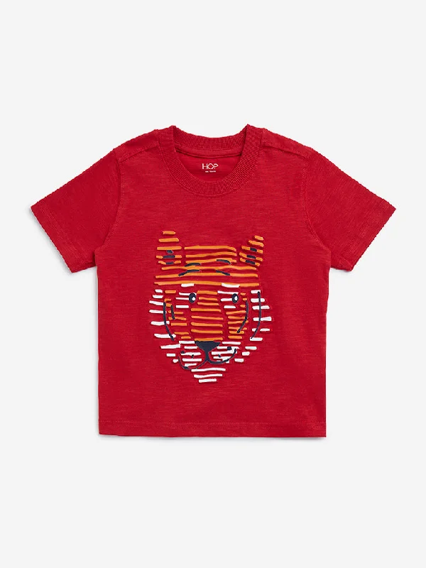 HOP Kids Red Animal Print Cotton T-Shirt