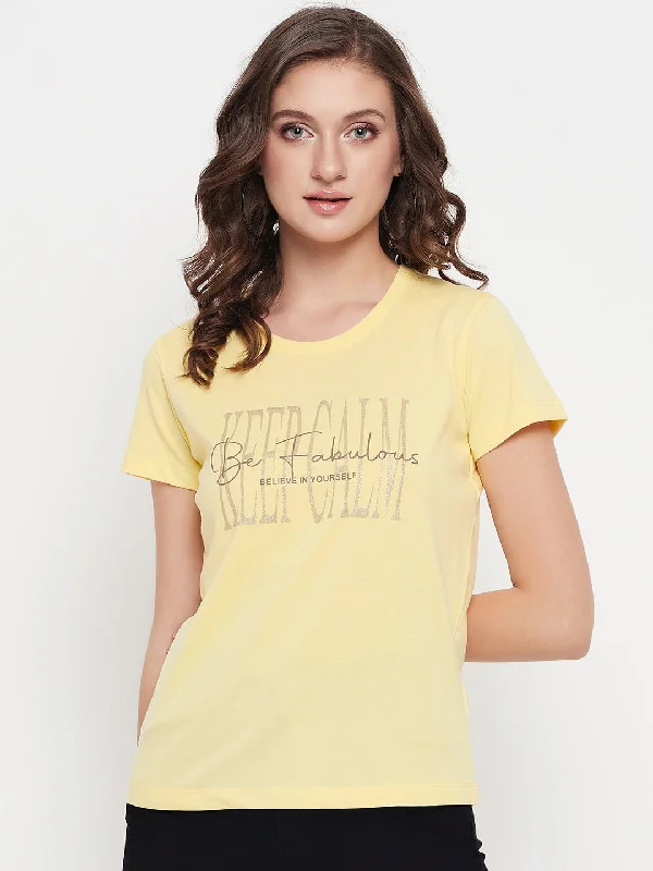 Women's Casual Regular Short Sleeve Yellow Round neck Typographic Print T-Shirt