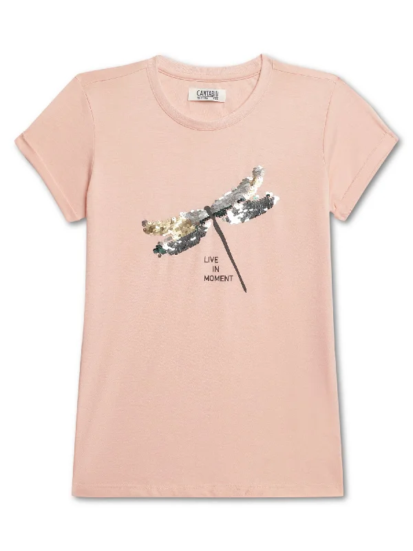 Girls Peach Round Neck Printed T-Shirt