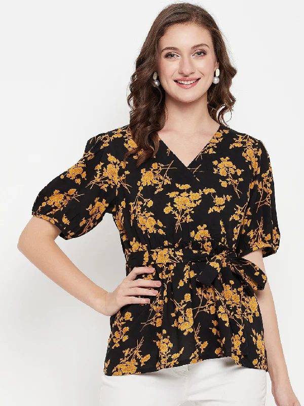 Women's Casual  Black Floral Print V neck Top