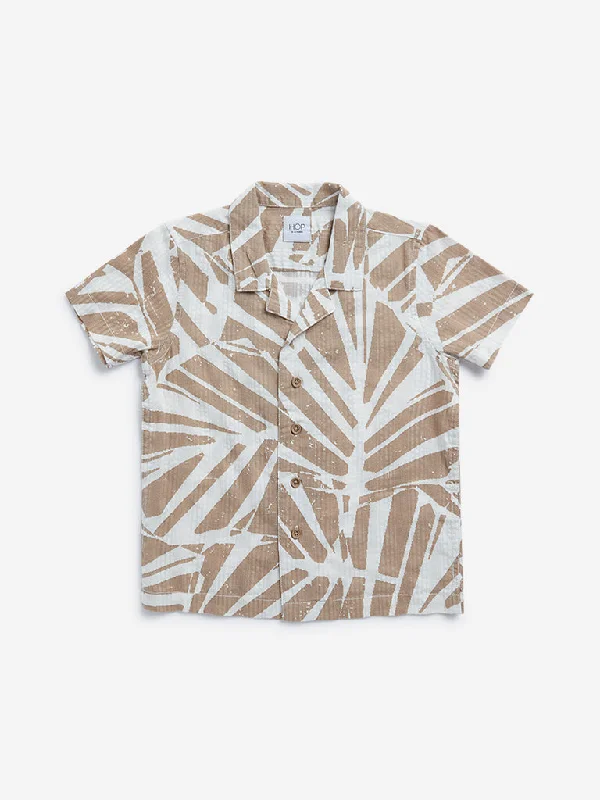 HOP Kids Taupe Leaf Printed Cotton Shirt