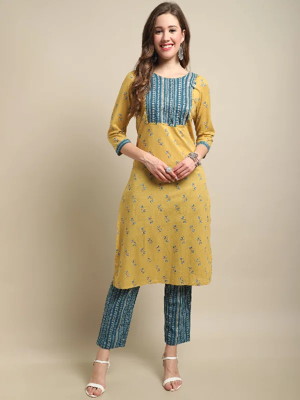 Women's Casual  Mustard Printed & Embroidered  Palazzo Set