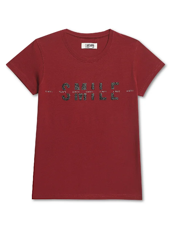 Girls Casual Maroon Half Sleeves  T-Shirt