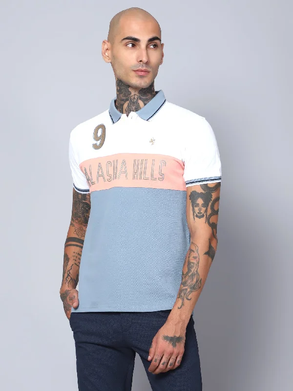 Men White Color Block Half Sleeves Polo Neck Casual T-Shirt