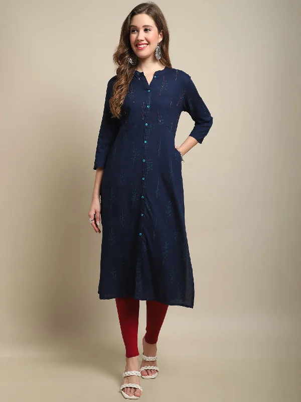 Women's  Band Collar Navy Blue Printed Calf length Kurti