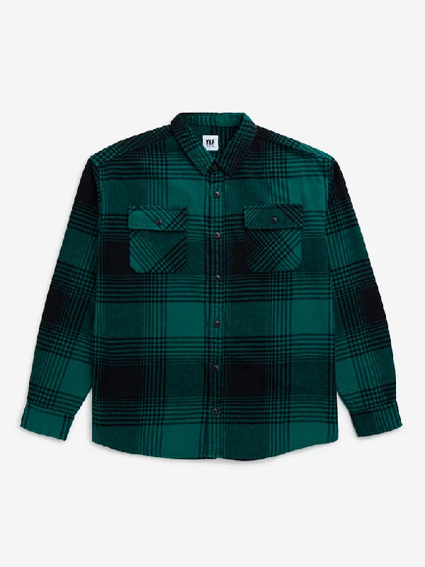 Y&F Kids Dark Green Checks Printed Cotton Shirt