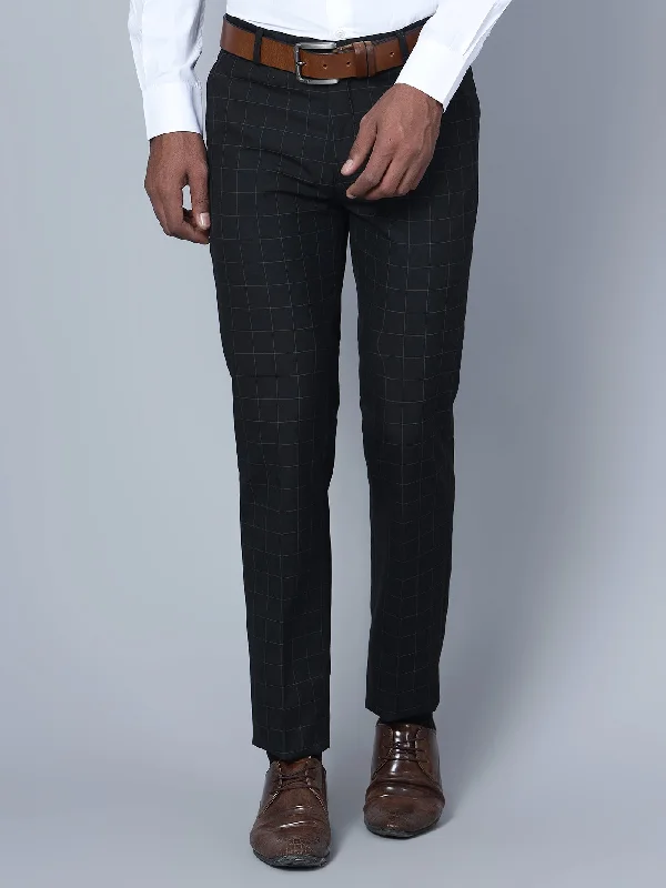 Men's Formal Flat front Black Checks Trousers