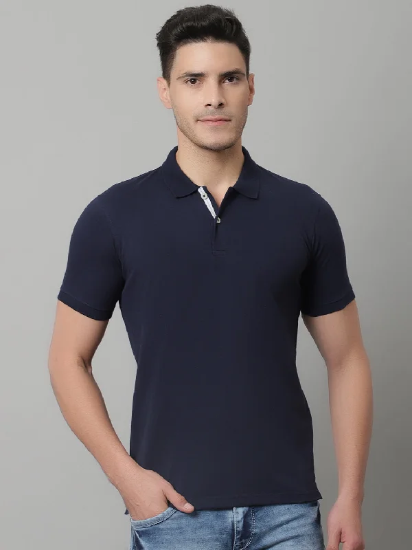 Men Navy Blue Casual Half Sleeves Polo Neck T-Shirt