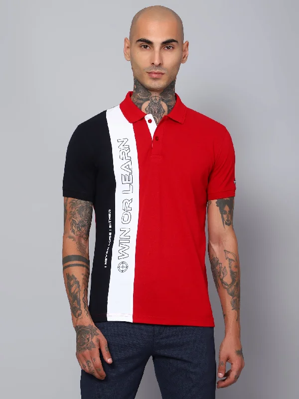 Men Red Color Block Half Sleeves Polo Neck Casual T-Shirt