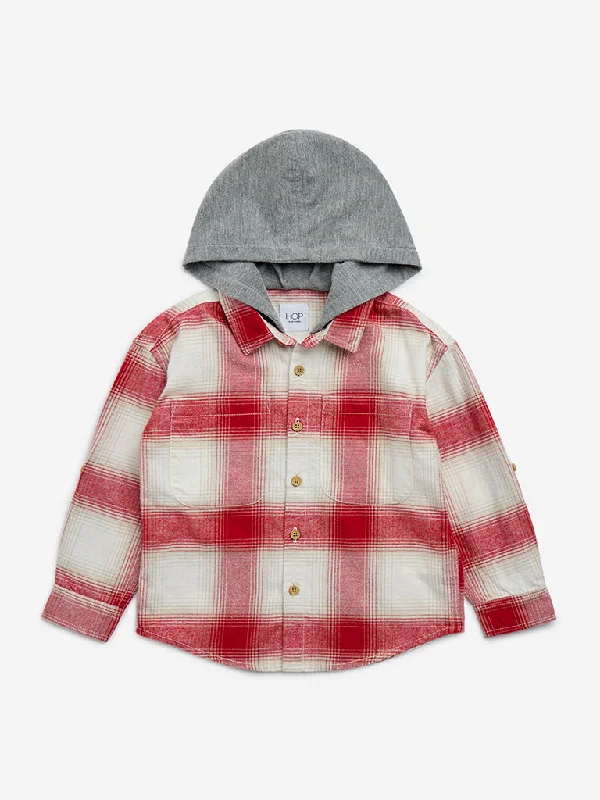 HOP Kids Red Checkered Cotton Hooded Shirt