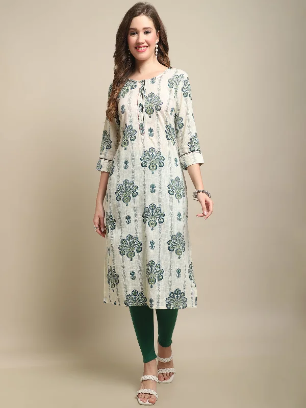 Women's Casual Round neck Ivory All over Printed Knee length Kurti