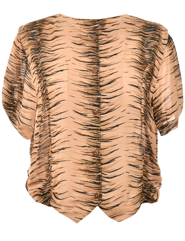 Button-Front Brown & Black Tiger Print Blouse - S