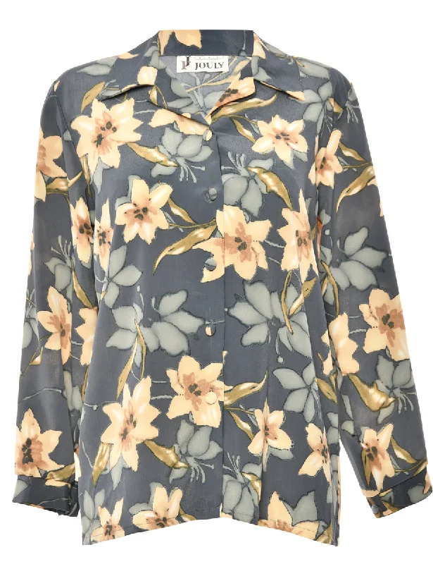 Floral Dark Grey & Pale Yellow Blouse - M