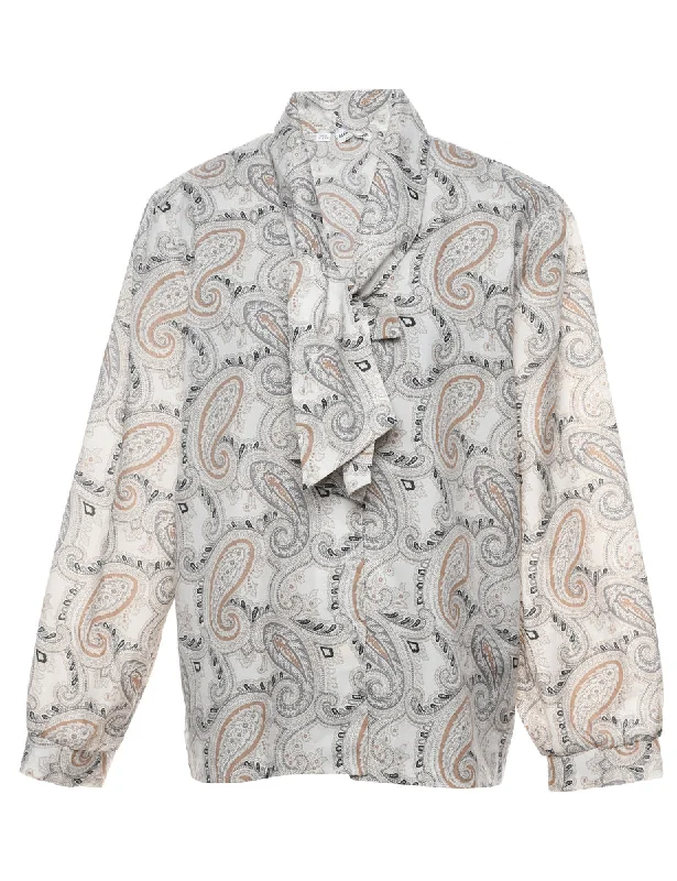 Paisley Long-Sleeve Pussy Bow Blouse - L